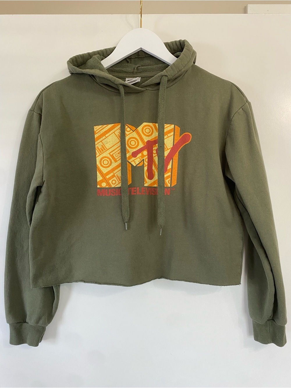 MTV Olive Green Cropped Hoodie with Yellow & Red Logo